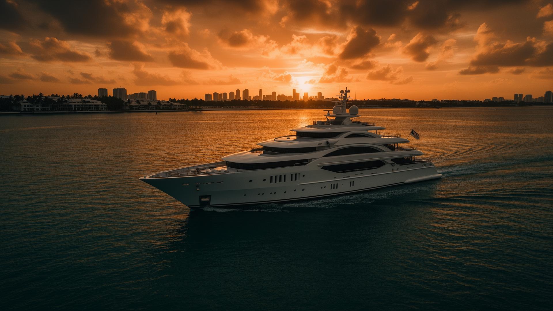 Luxury yacht cruising Miami at sunset
