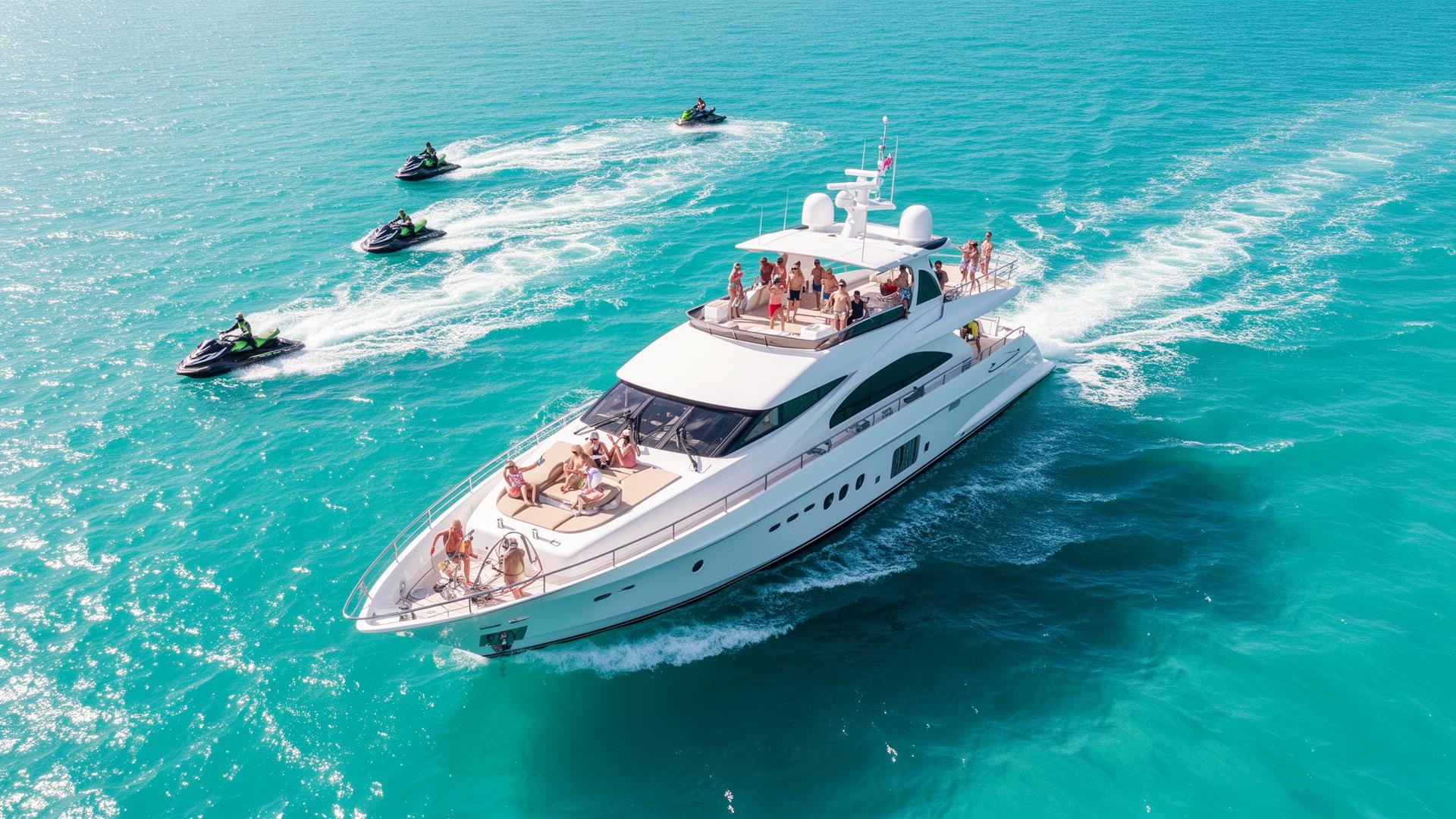 Aerial of yacht and jet skis in Miami