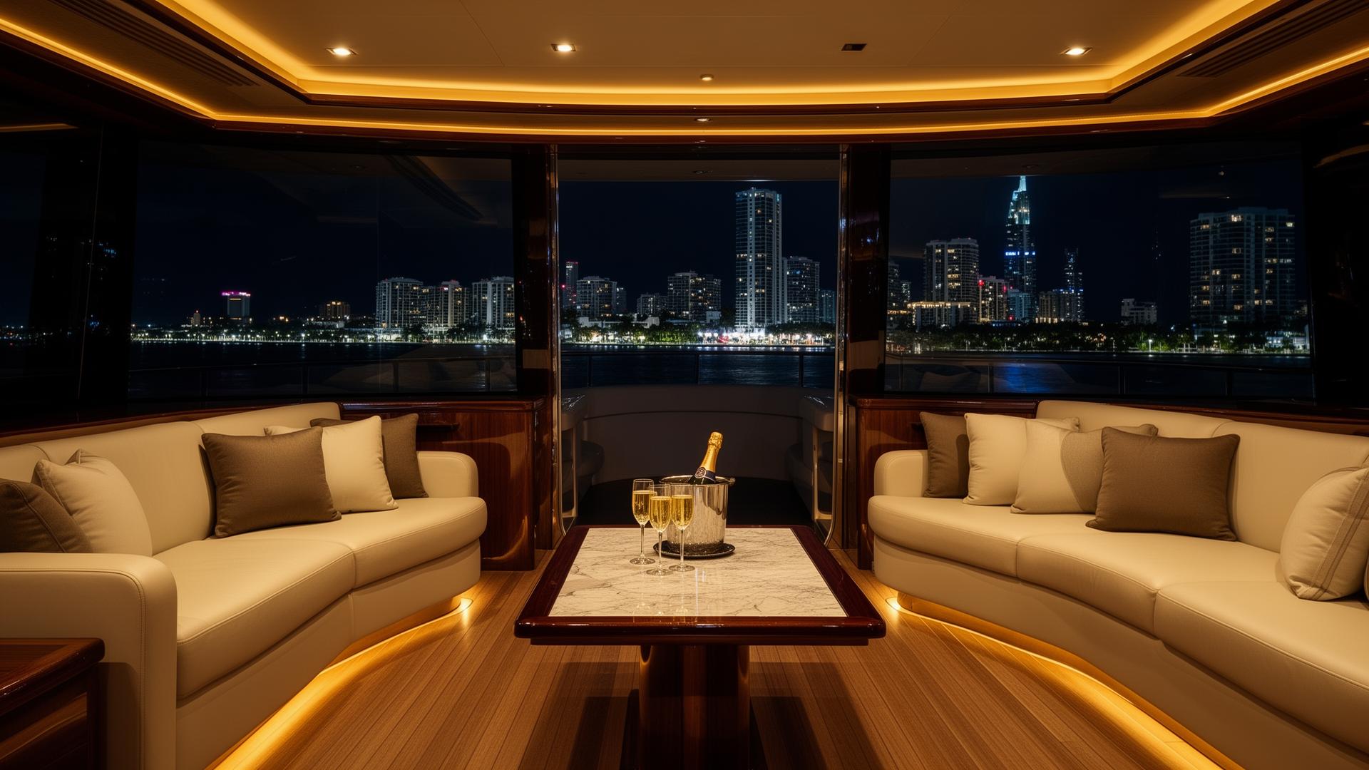 Luxury yacht interior salon at night